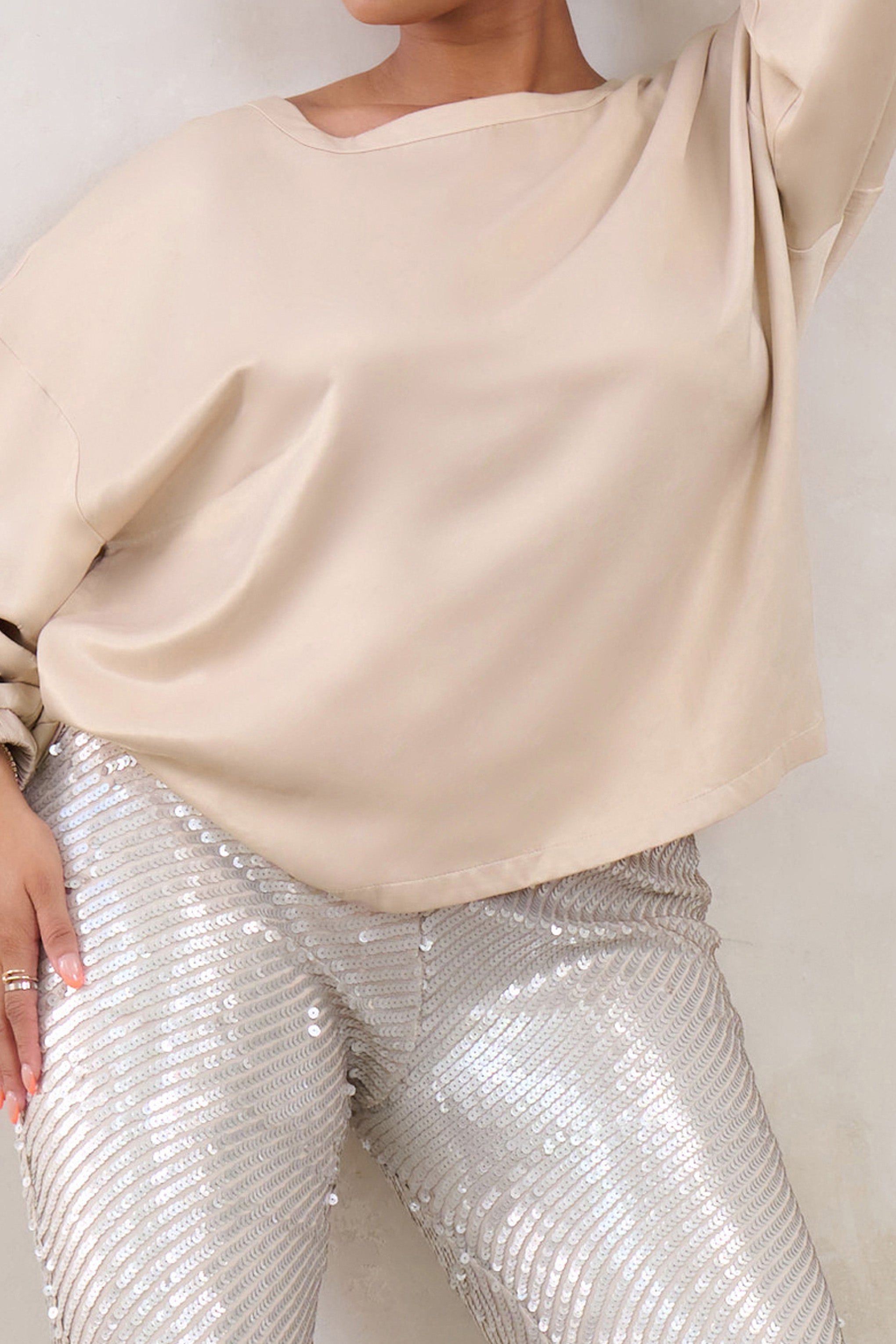 Smooth Talk | Plus Champagne Oversized Long Sleeve Satin Top sold by Club L London product image thumbnail 5