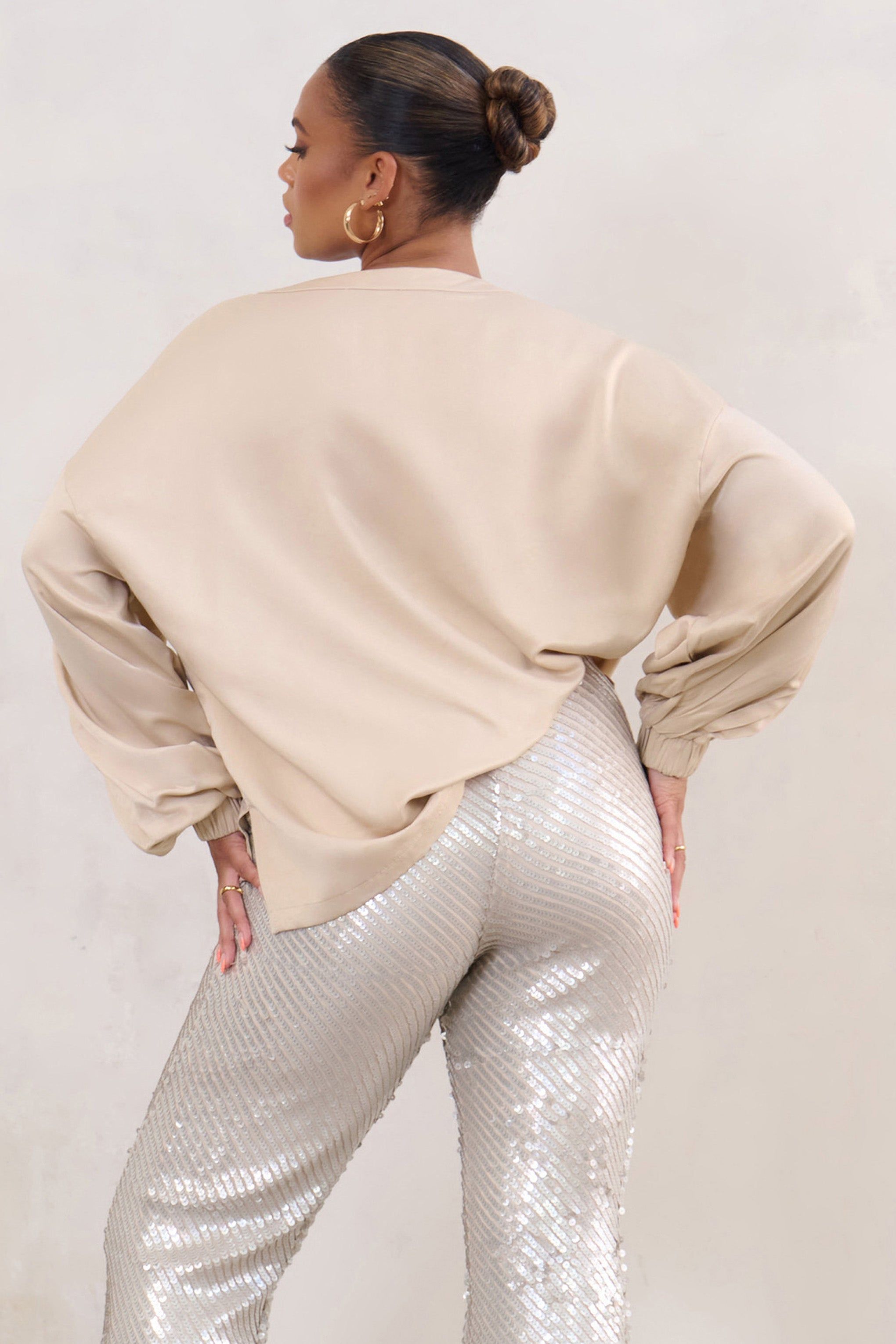Smooth Talk | Plus Champagne Oversized Long Sleeve Satin Top sold by Club L London product image thumbnail 2