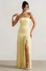 Confidence | Lemon Satin Bandeau Pleated Split Maxi Dress sold by Club L London