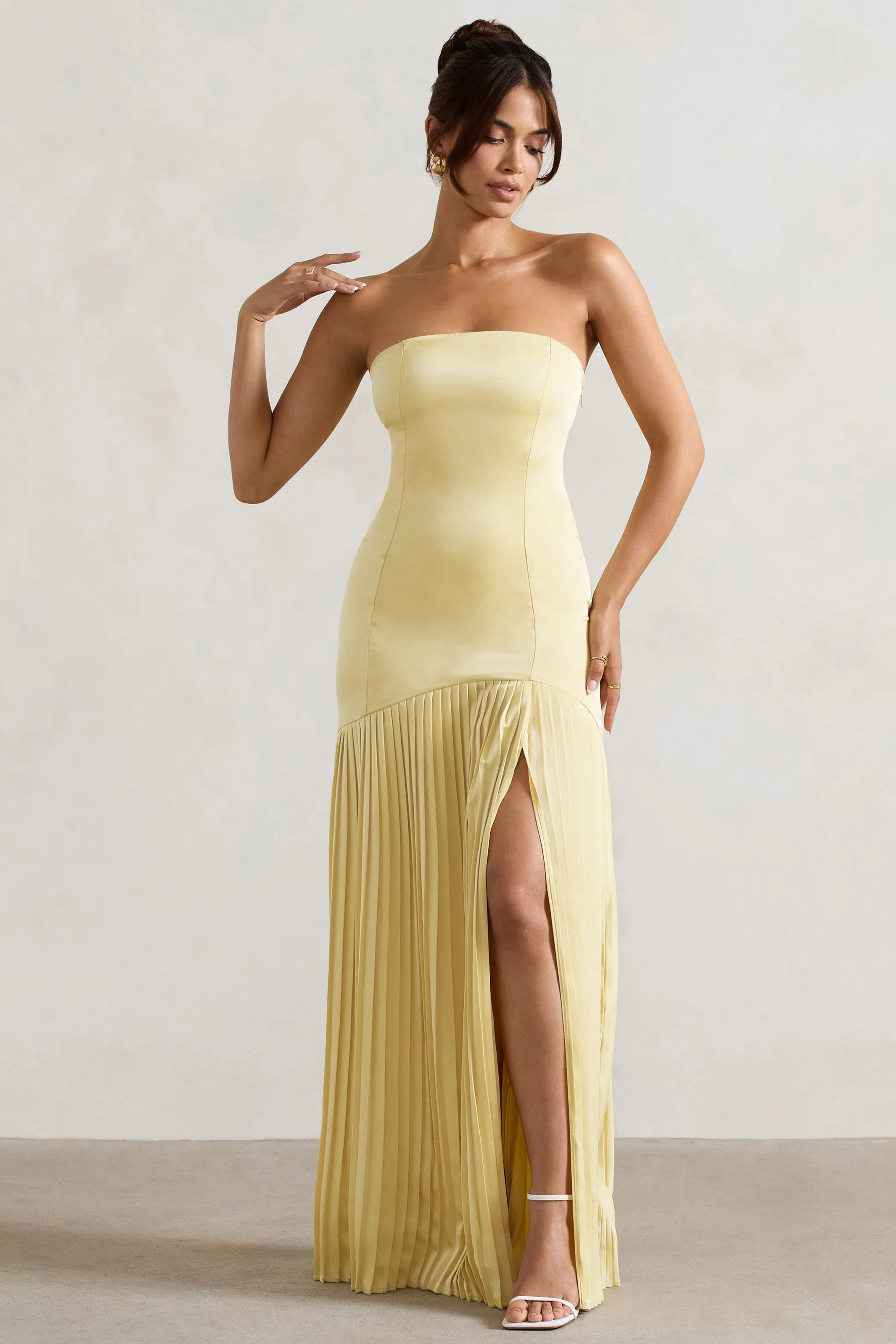 Confidence | Lemon Satin Bandeau Pleated Split Maxi Dress sold by Club L London product image thumbnail 4