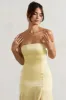 Confidence | Lemon Satin Bandeau Pleated Split Maxi Dress sold by Club L London