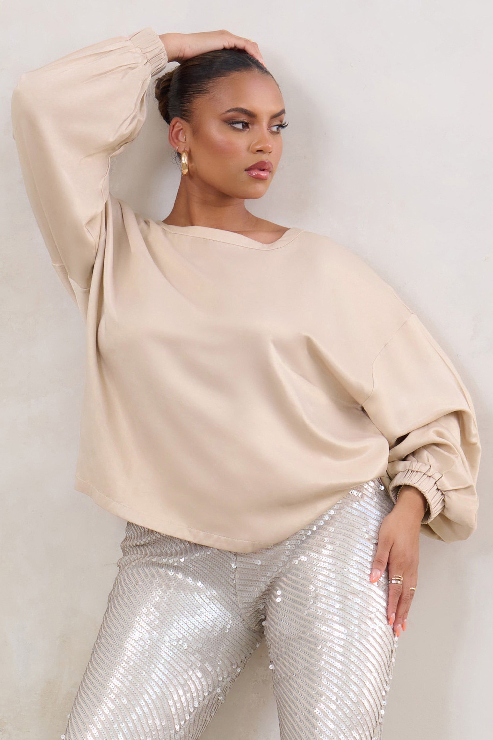 Smooth Talk | Plus Champagne Oversized Long Sleeve Satin Top sold by Club L London product image thumbnail 3