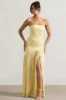 Confidence | Lemon Satin Bandeau Pleated Split Maxi Dress sold by Club L London