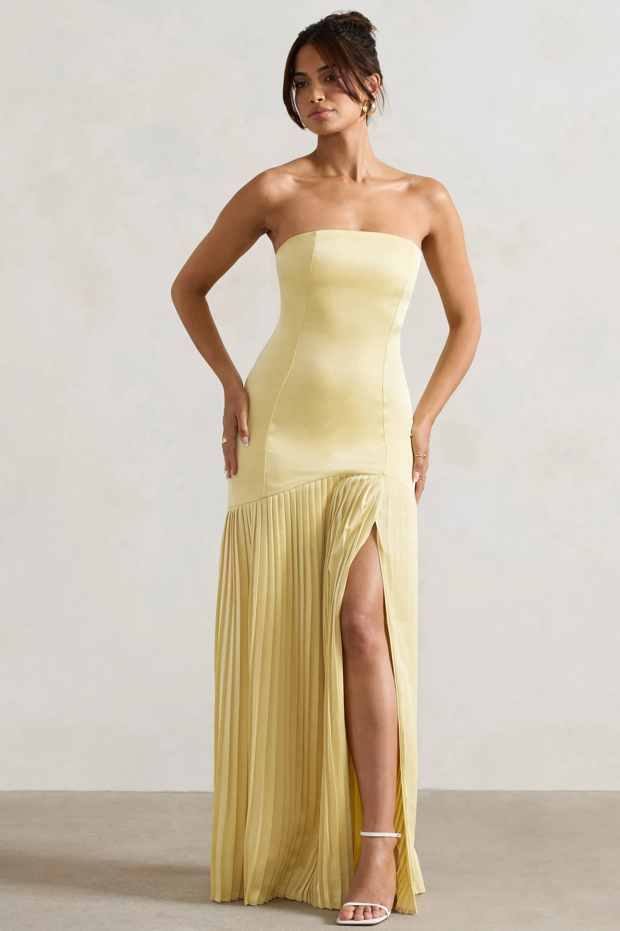 Confidence | Lemon Satin Bandeau Pleated Split Maxi Dress sold by Club L London product image thumbnail 5