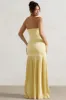 Confidence | Lemon Satin Bandeau Pleated Split Maxi Dress sold by Club L London