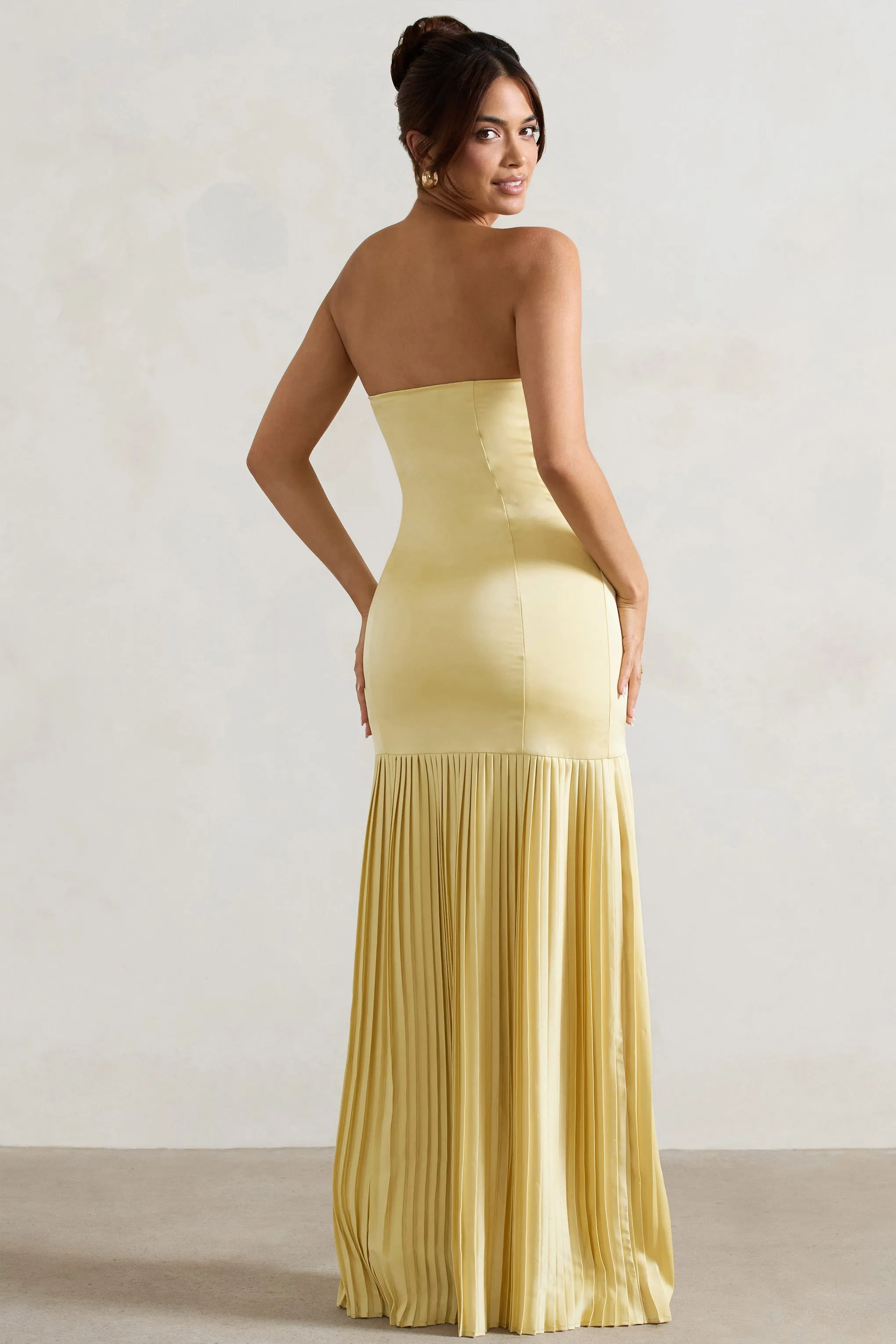 Confidence | Lemon Satin Bandeau Pleated Split Maxi Dress sold by Club L London product image thumbnail 2