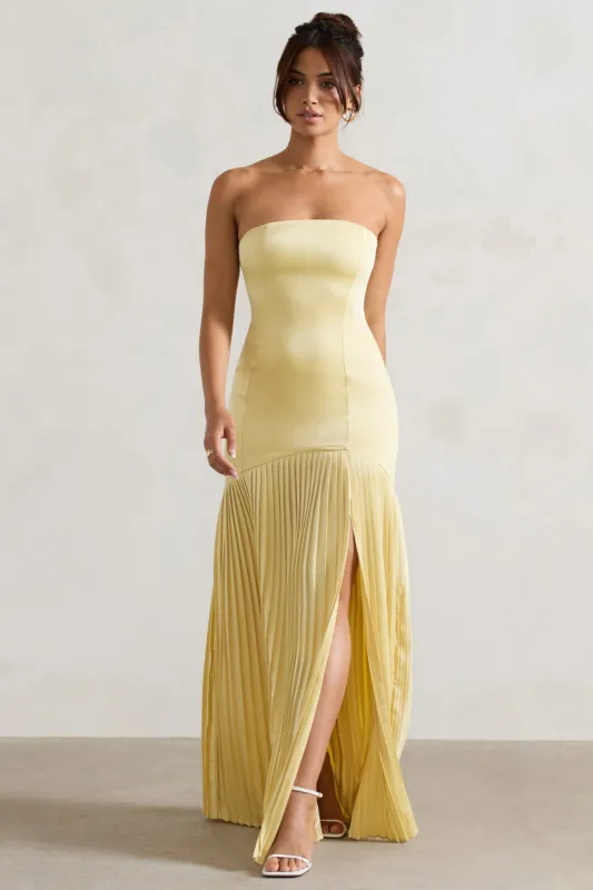 Confidence | Lemon Satin Bandeau Pleated Split Maxi Dress sold by Club L London