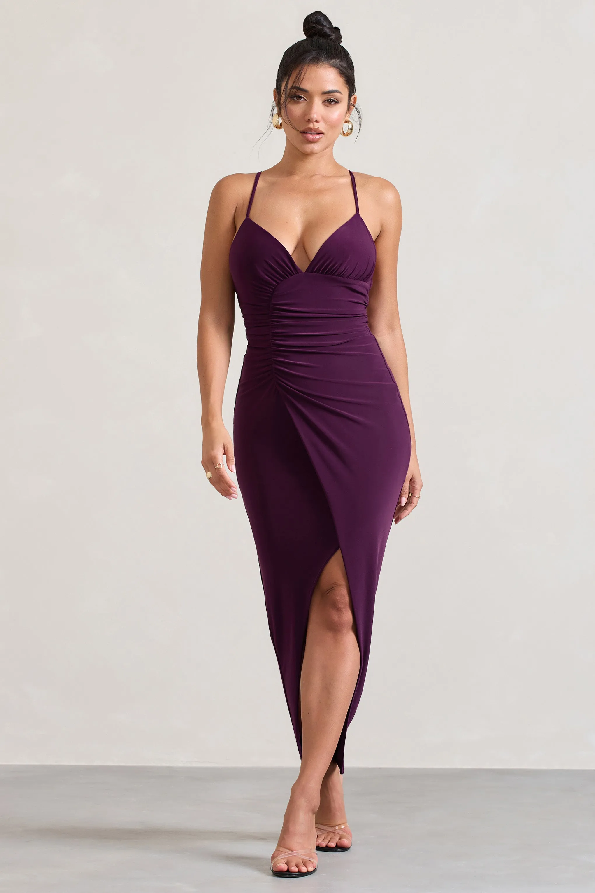 Enamour | Plum Strappy Plunge-Neck Wrap Maxi Dress sold by Club L London product image thumbnail 4