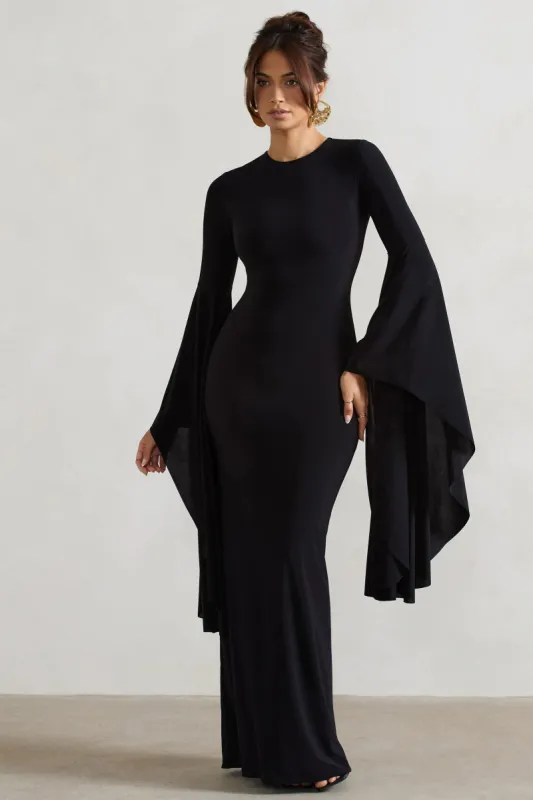 Modena | Black Waterfall Sleeve Maxi Dress sold by Club L London
