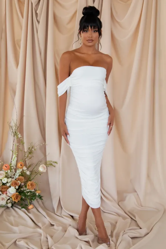 Plus One | White Maternity Bardot Ruched Draped Midi Dress sold by Club L London