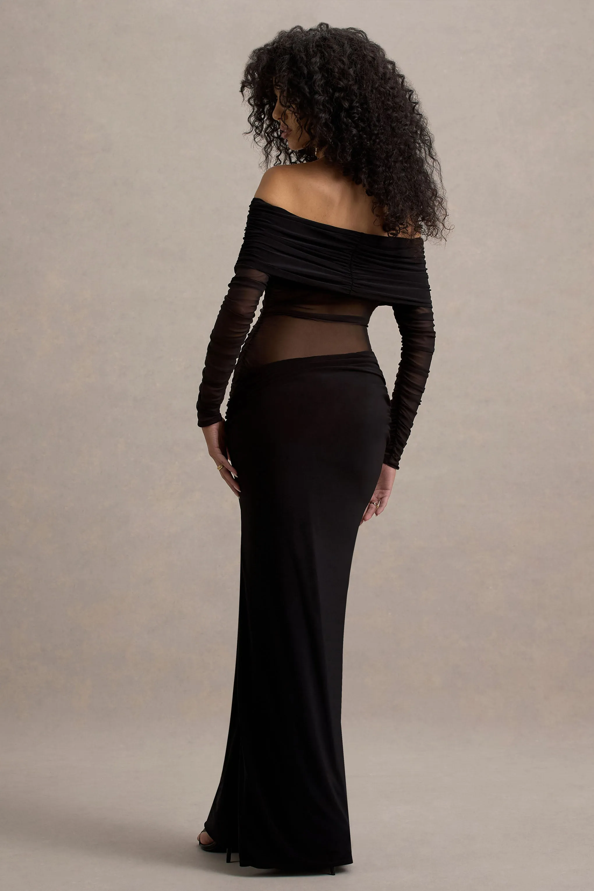Belamour | Black Semi-Sheer Bardot Gathered Maxi Dress sold by Club L London product image thumbnail 2