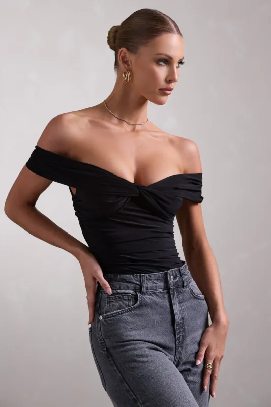 Ronnie | Black Off The Shoulder Ruched Bodysuit sold by Club L London