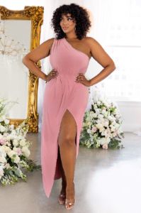 Athena | Bridesmaid Plus Nude One Shoulder Maxi Dress sold by Club L London