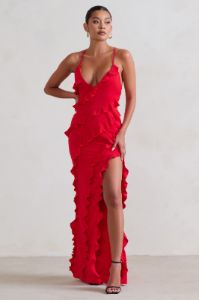【海外限定】GinaBacconi ドレス☆Red Nicole Ruffled One Shoul 海外限定】GinaBacconi ドレス☆Red Nicole Ruffled One Shoul