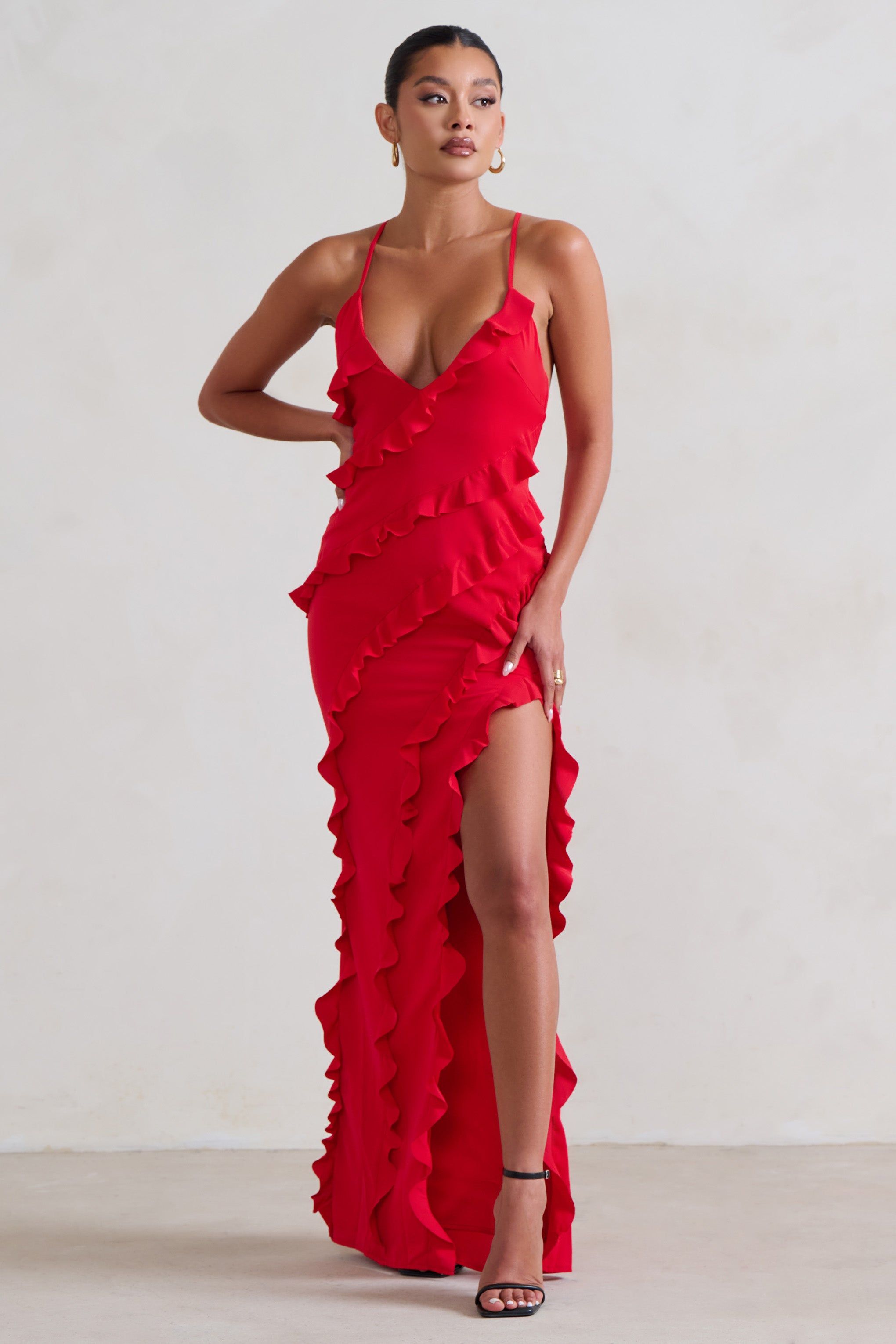 Run The World | Red Plunge Neckline Ruffle Maxi Dress | Parallel