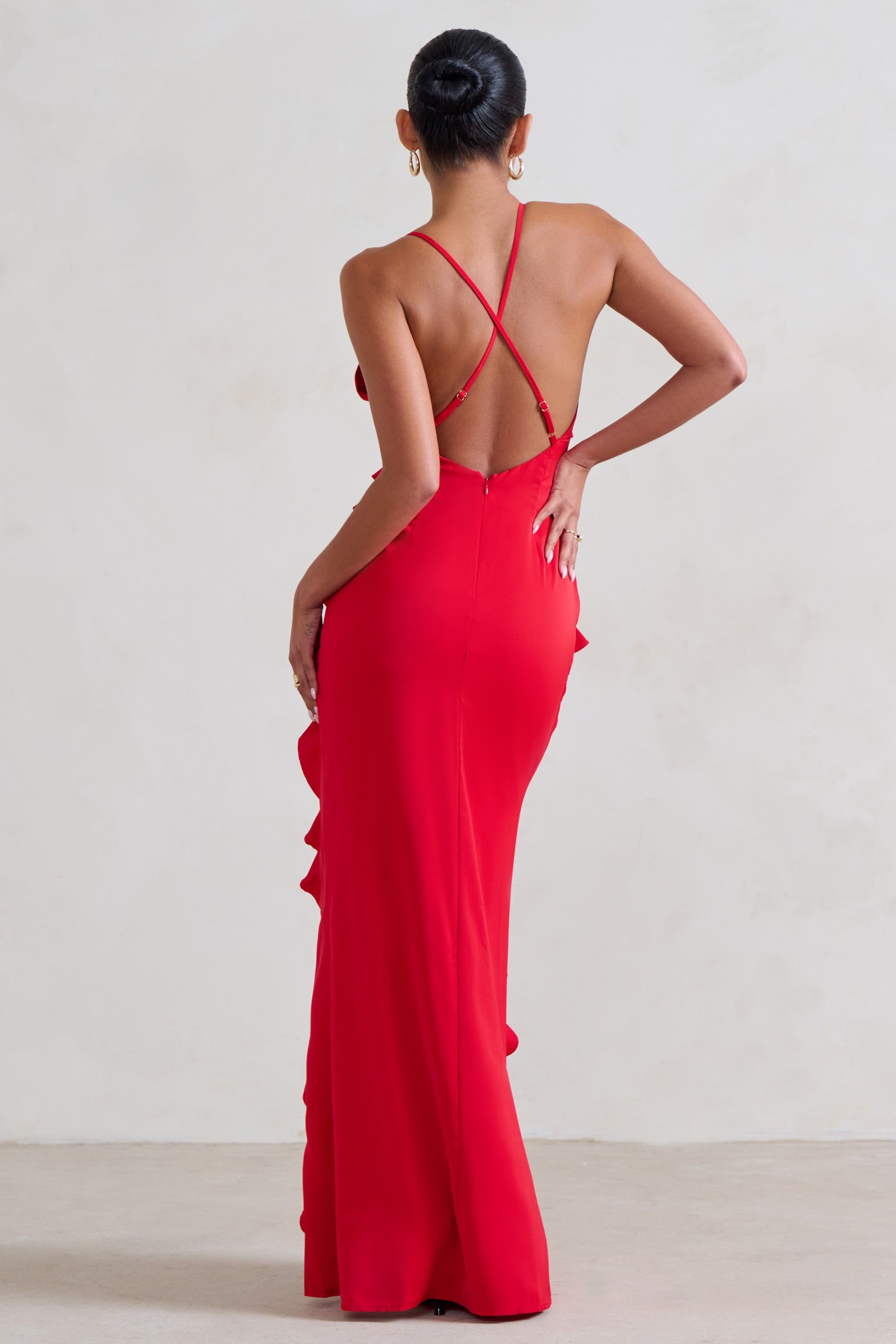 Mac duggal SALE ワンショルダーレイヤーラッフルロングドレス赤 ワンショルダーラッフルミニドレス ｜リゾートトロピカル女性