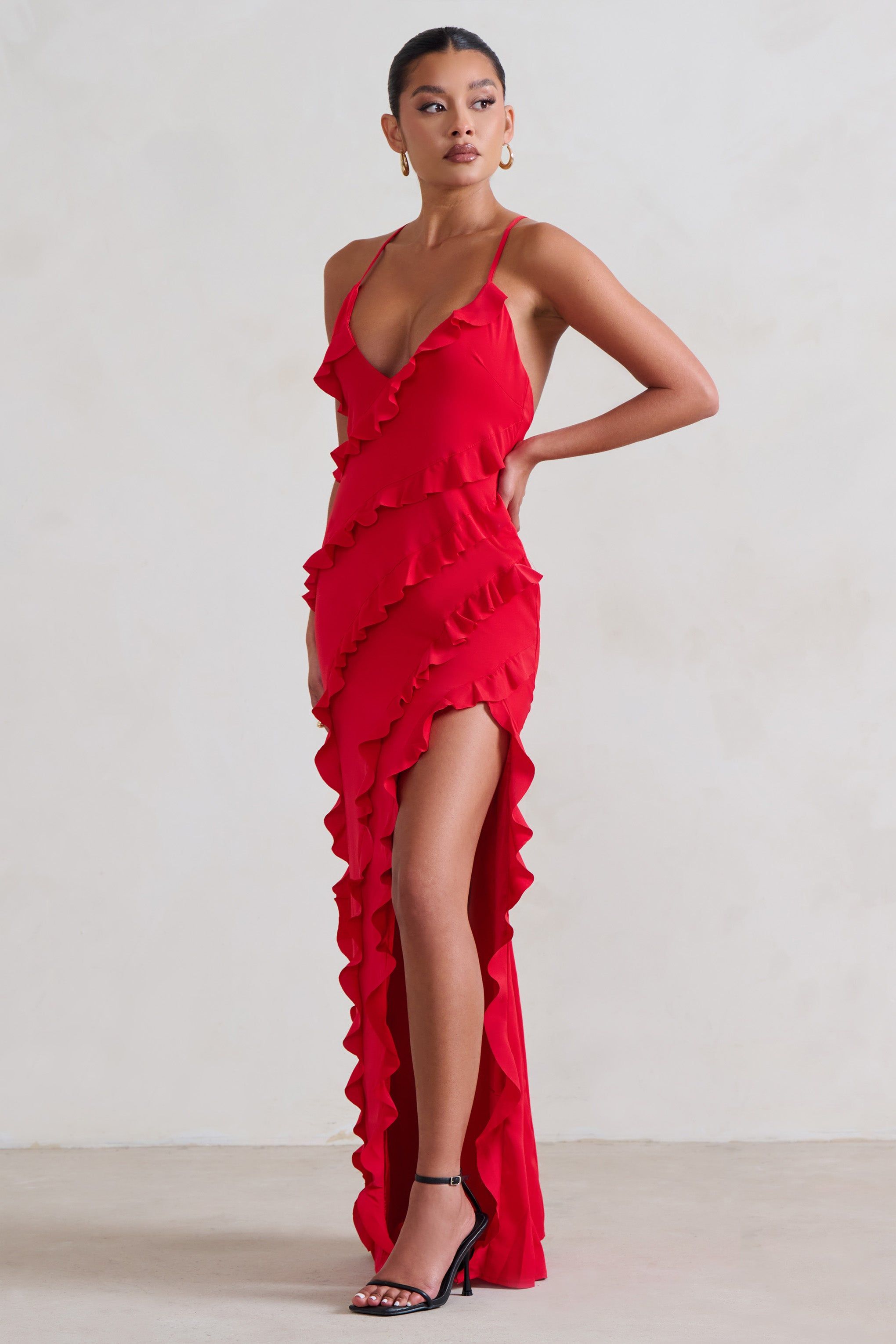 Run The World | Red Plunge Neckline Ruffle Maxi Dress | Parallel