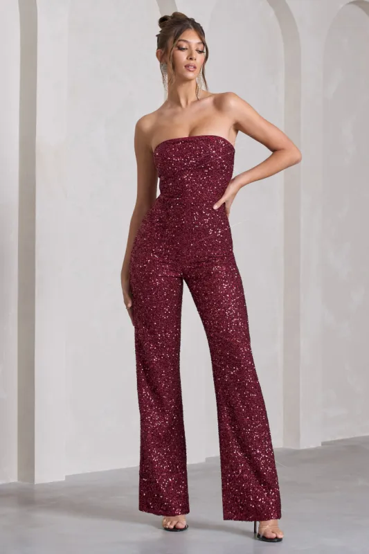 Ray | Berry Sequin Bandeau Wide-Leg Jumpsuit sold by Club L London