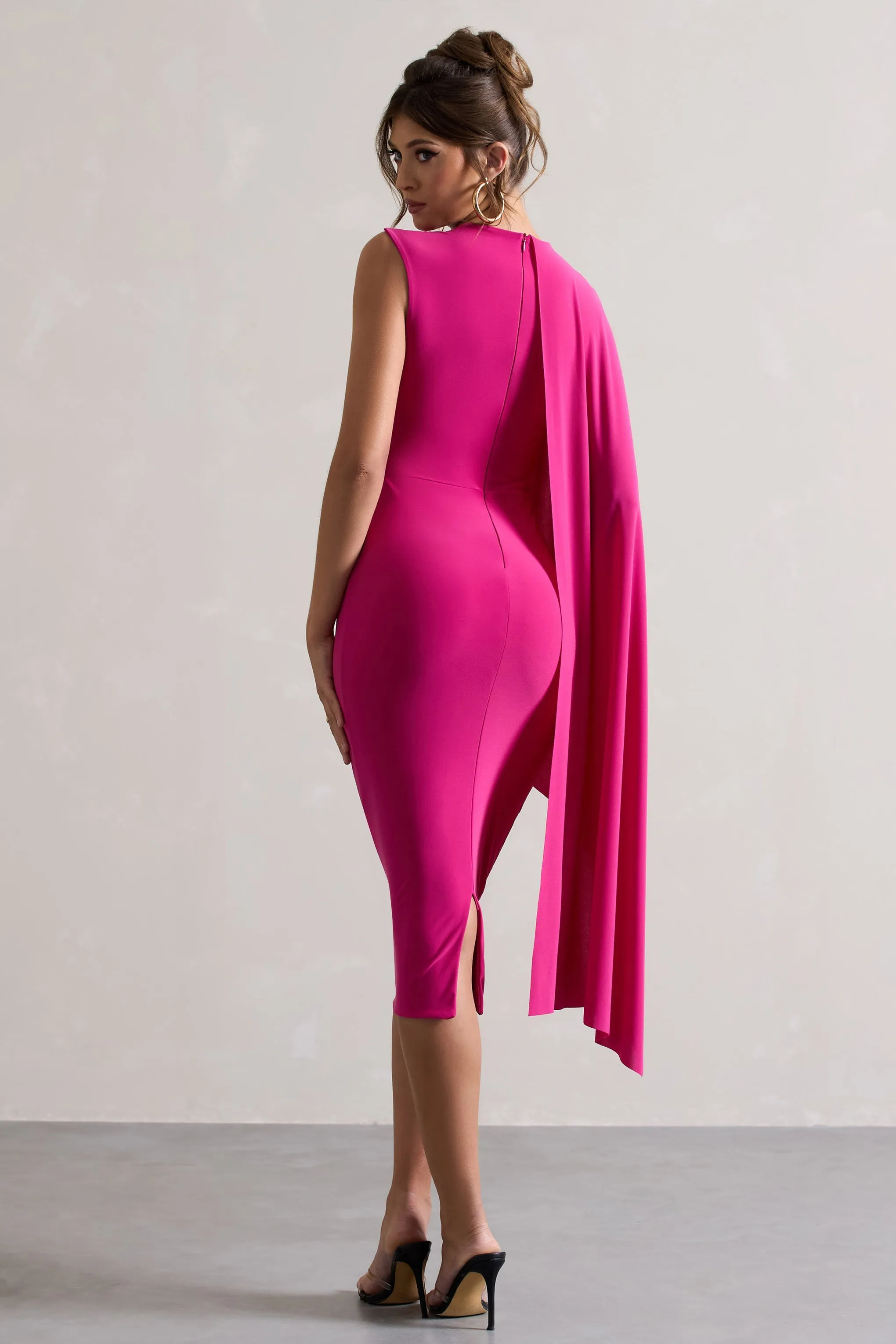 Reveal | Dark Pink One-Sleeve Cape Midi Dress sold by Club L London product image thumbnail 2