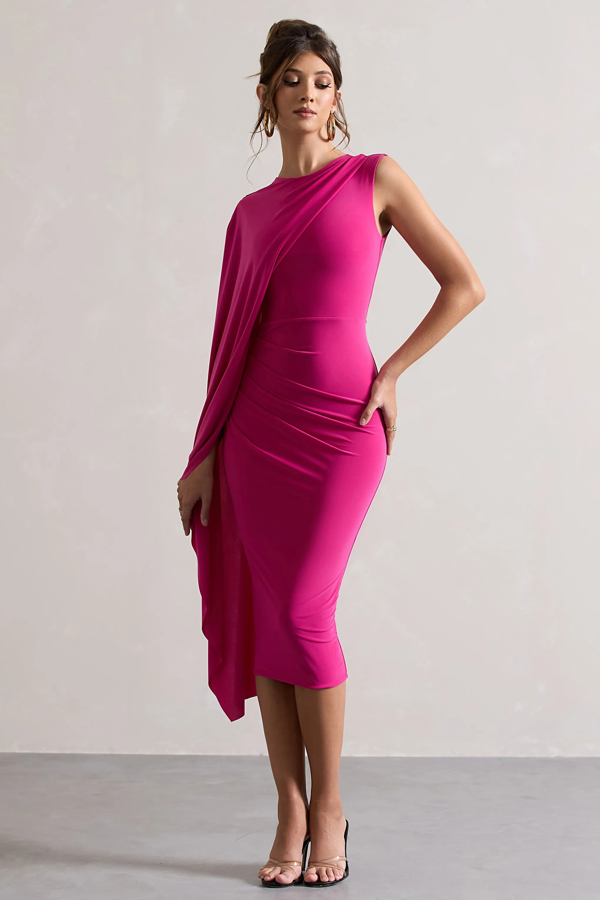Reveal | Dark Pink One-Sleeve Cape Midi Dress sold by Club L London product image thumbnail 5