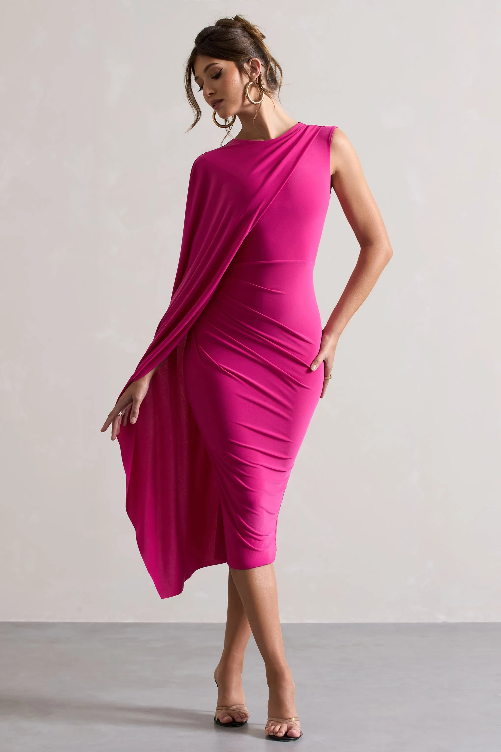Reveal | Dark Pink One-Sleeve Cape Midi Dress sold by Club L London product image thumbnail 4