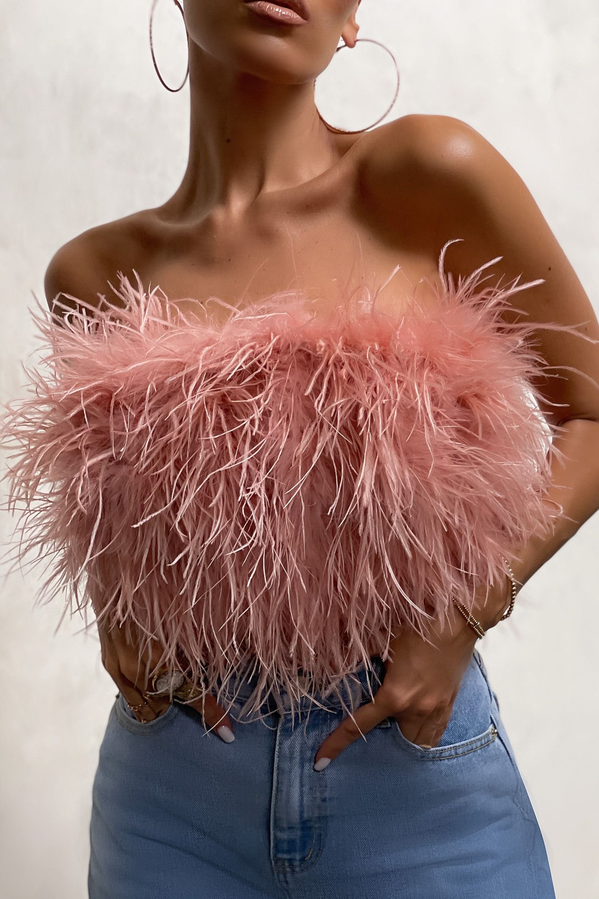 Dream Daze | Pink Feather Bandeau Crop Top sold by Club L London product image thumbnail 3