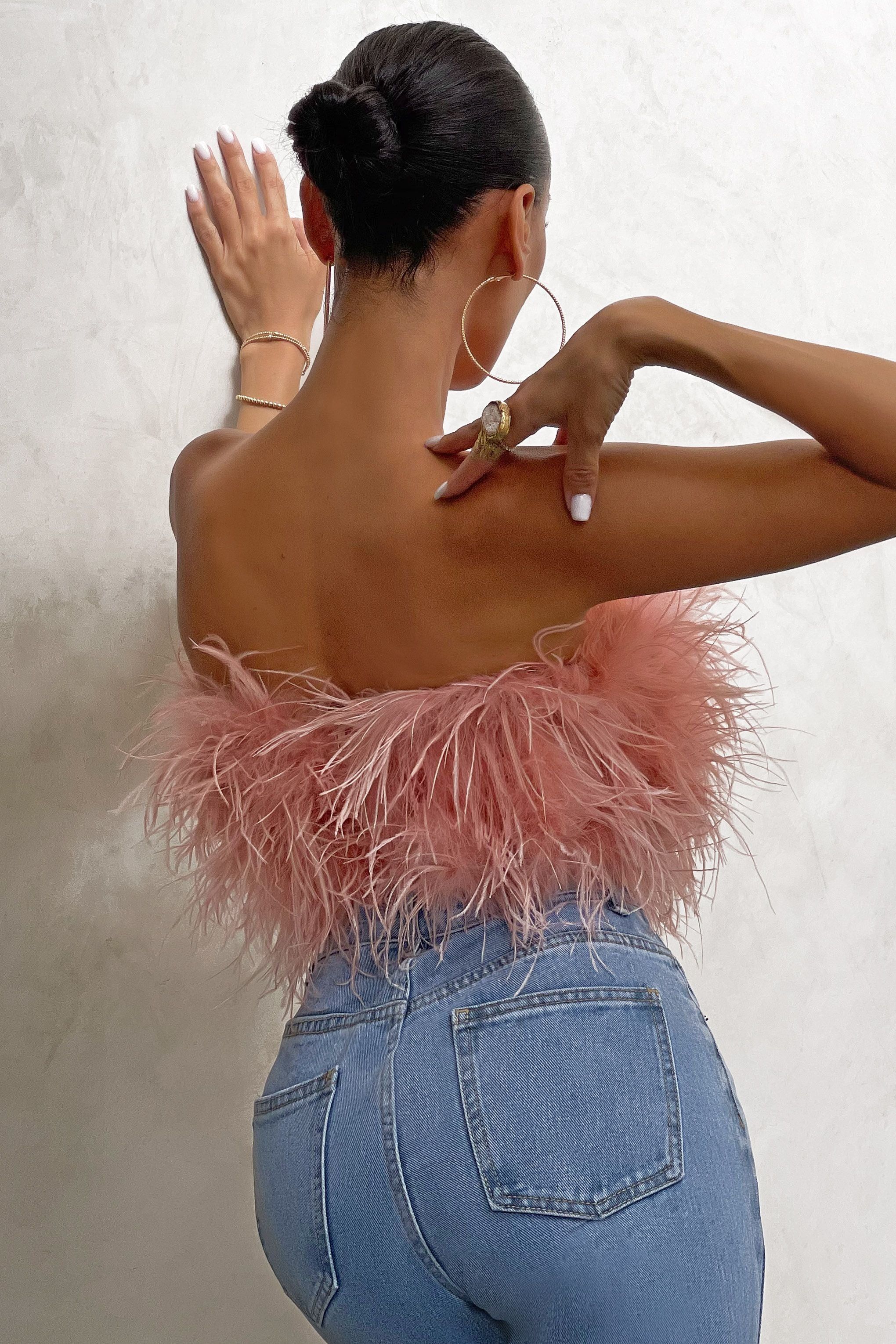 Dream Daze | Pink Feather Bandeau Crop Top sold by Club L London product image thumbnail 2