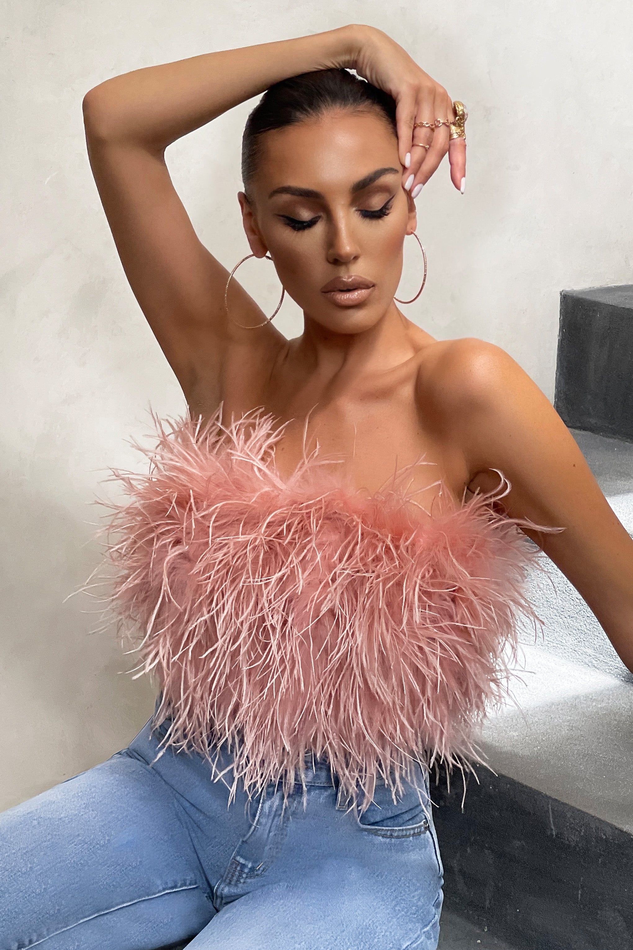 Dream Daze | Pink Feather Bandeau Crop Top sold by Club L London