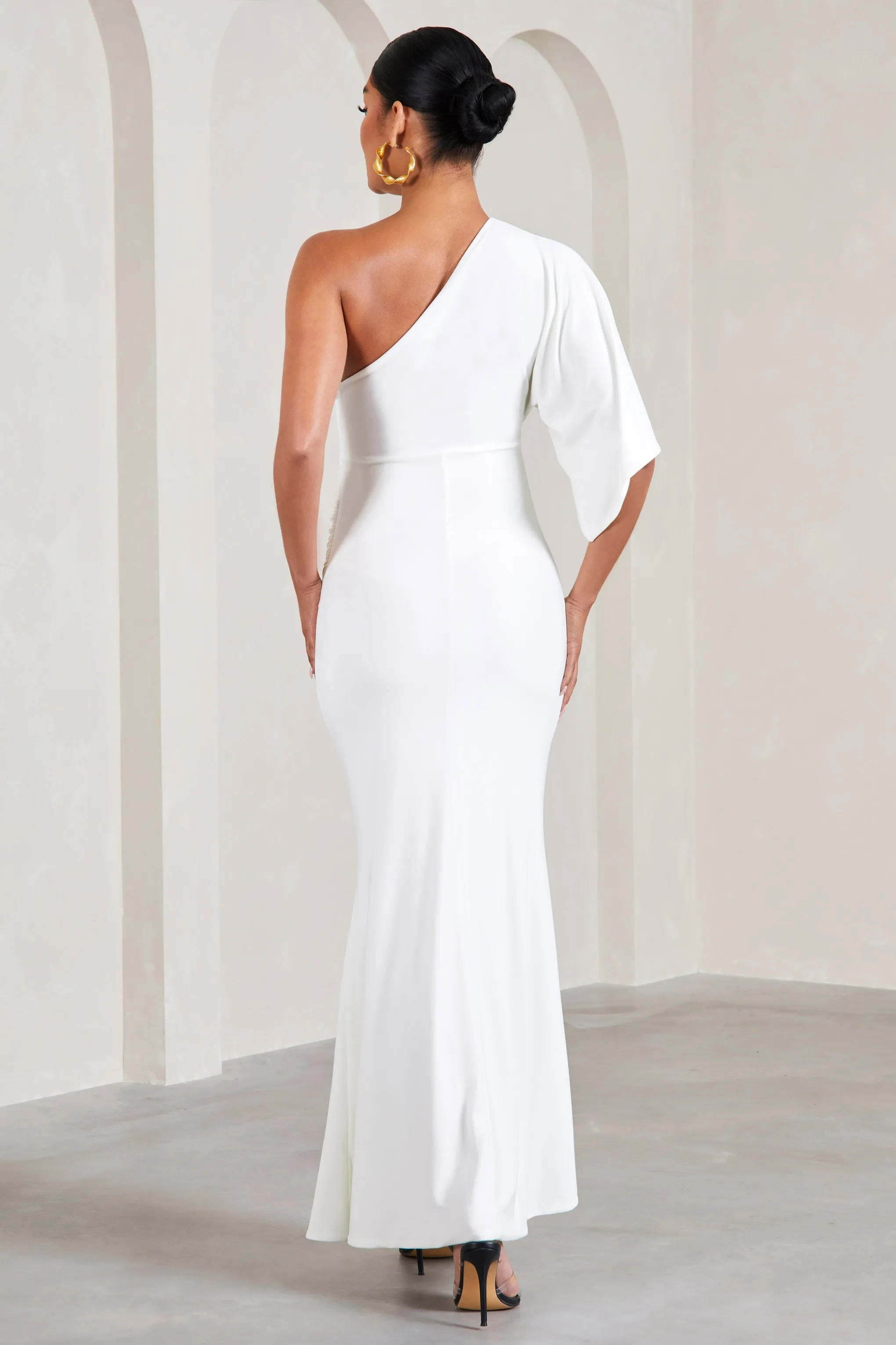 Wisdom | White Ruched Asymmetric One-Shoulder Maternity Maxi Dress sold by Club L London product image thumbnail 2