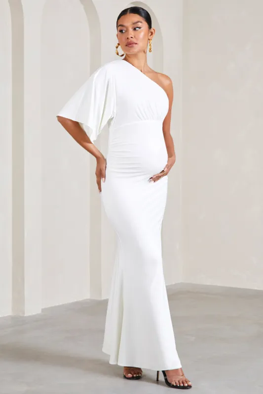 Wisdom | White Ruched Asymmetric One-Shoulder Maternity Maxi Dress sold by Club L London