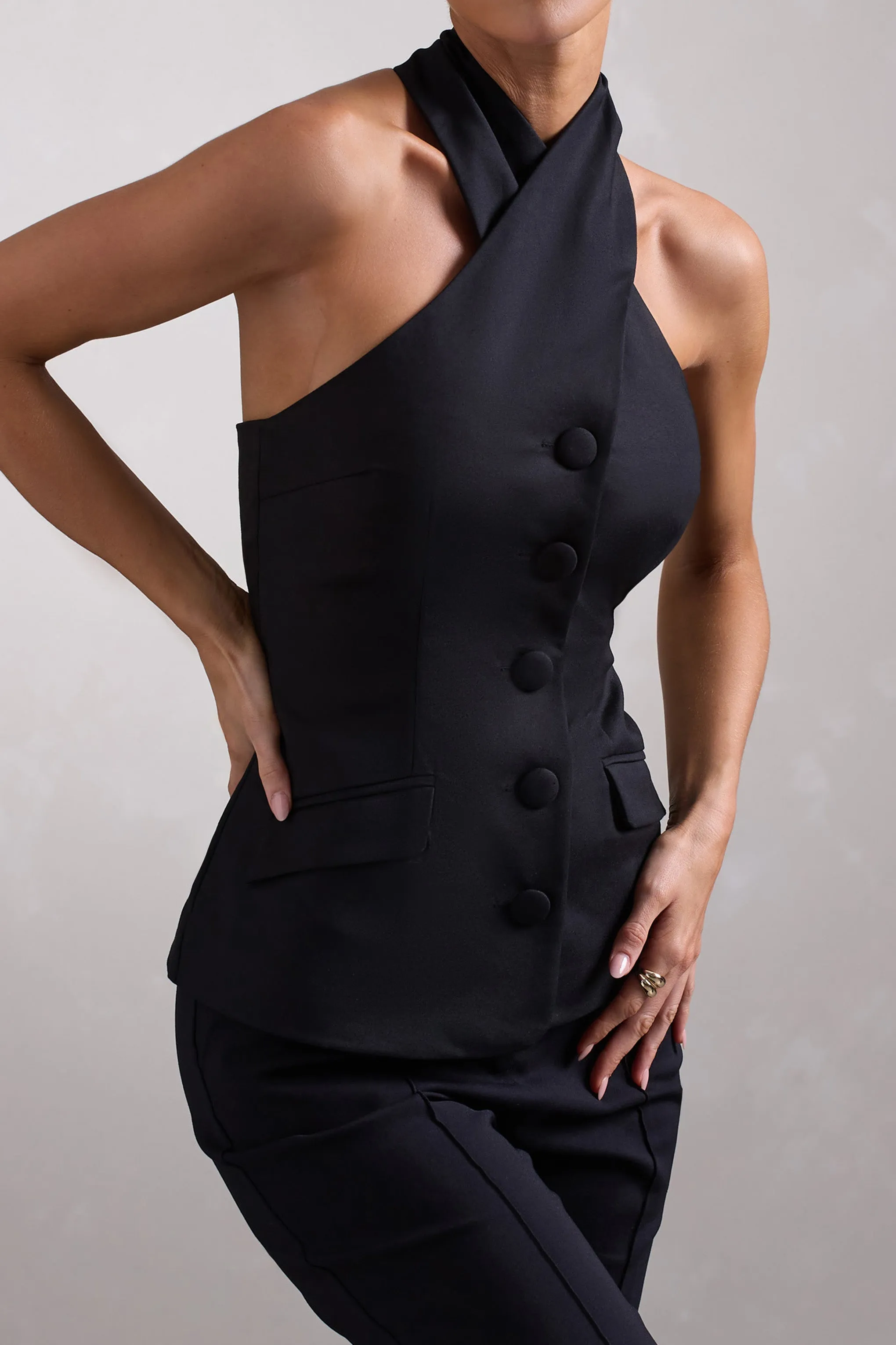 Remi | Black Cross Halter Neck Tailored Sleeveless Blazer Top sold by Club L London product image thumbnail 5