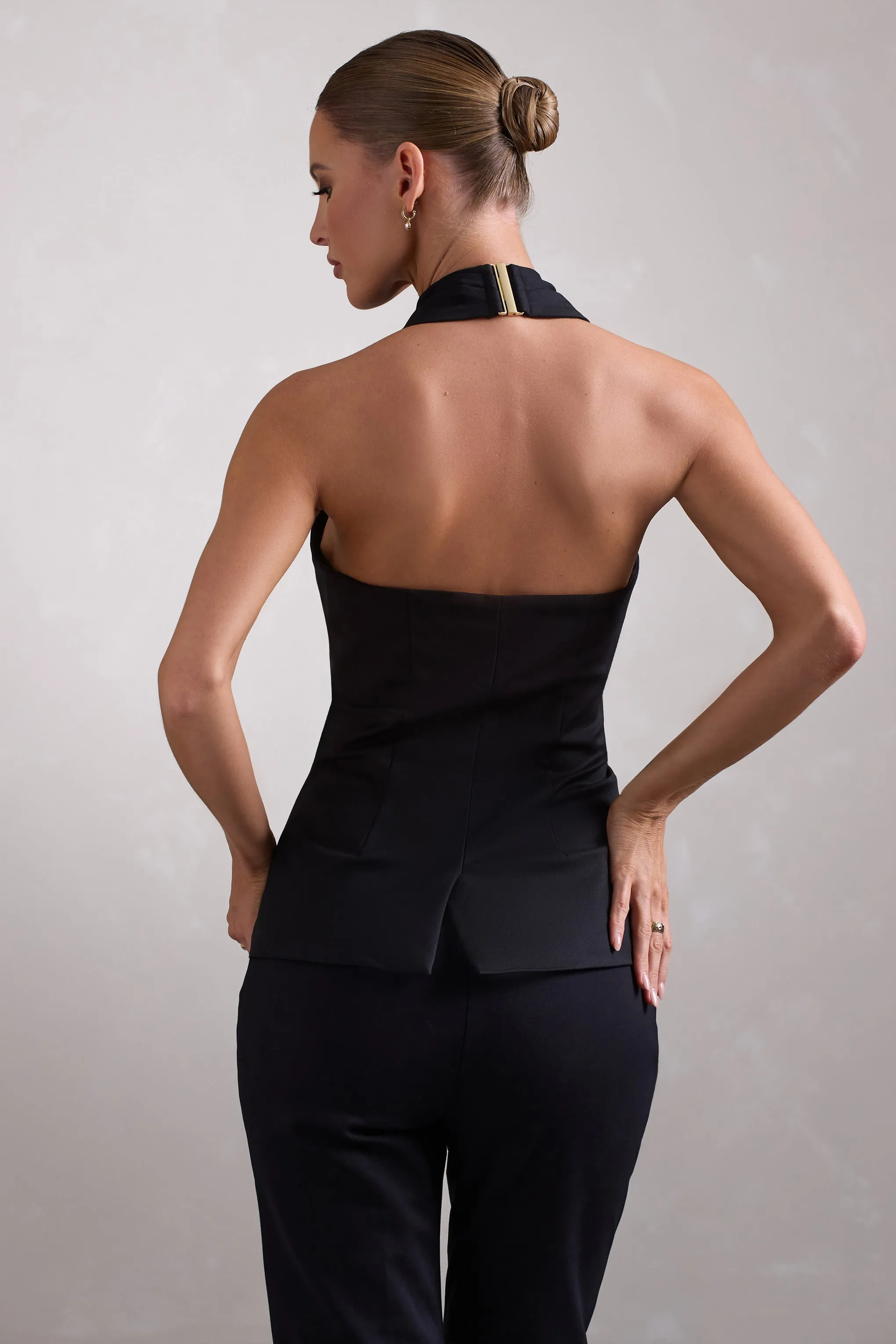 Remi | Black Cross Halter Neck Tailored Sleeveless Blazer Top sold by Club L London product image thumbnail 2