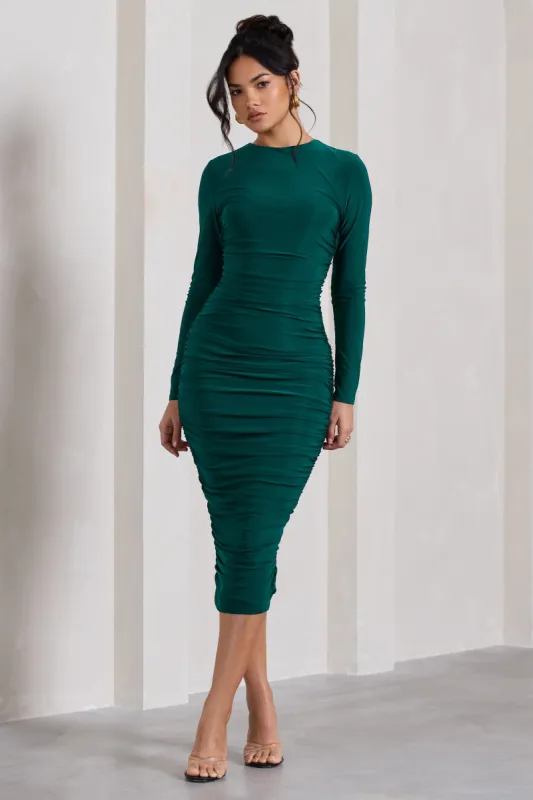 Emilie | Bottle Green Ruched Long-Sleeve Midi Dress sold by Club L London