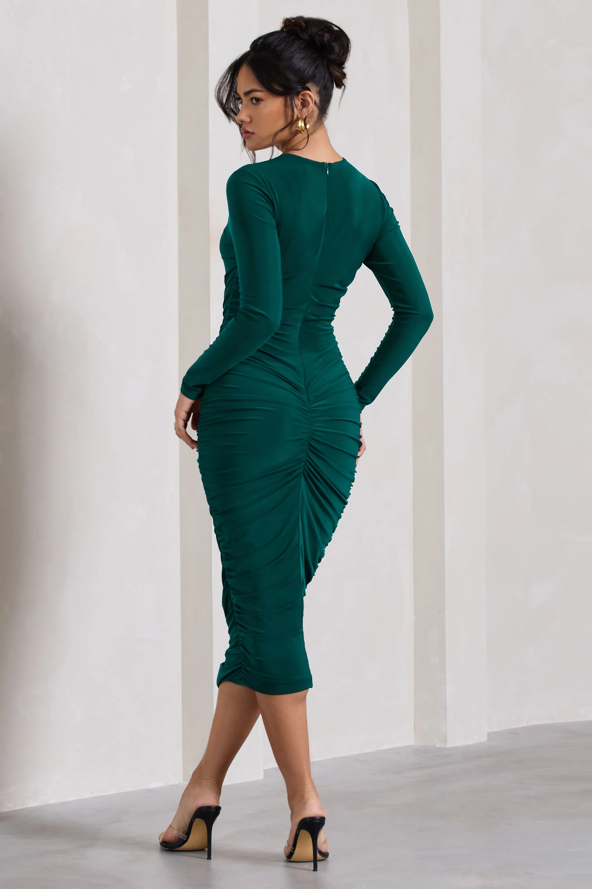 Emilie | Bottle Green Ruched Long-Sleeve Midi Dress sold by Club L London product image thumbnail 2
