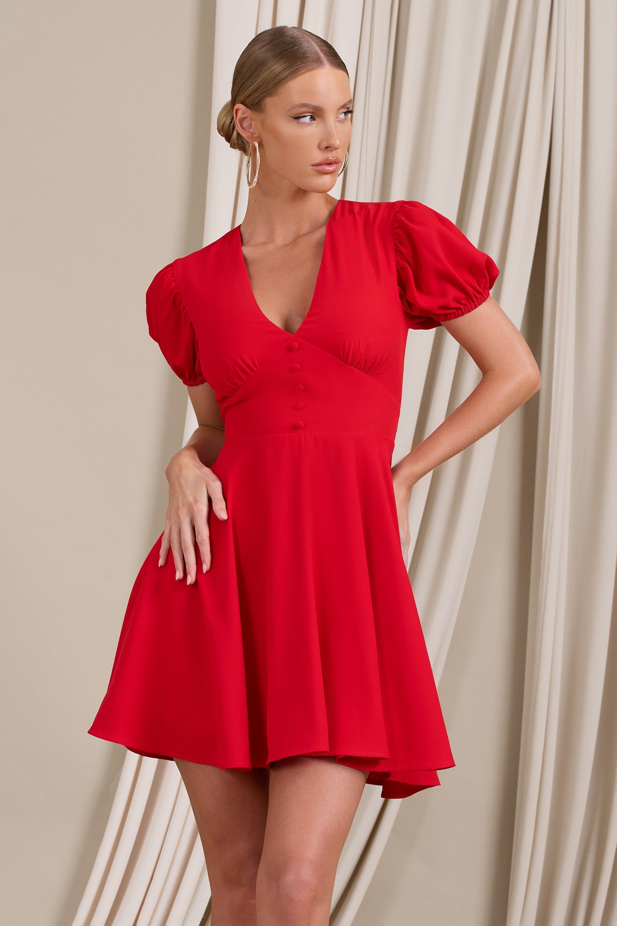 Si Si | Red V-Neck Puff-Sleeved Buttoned Mini Dress sold by Club L London product image thumbnail 2