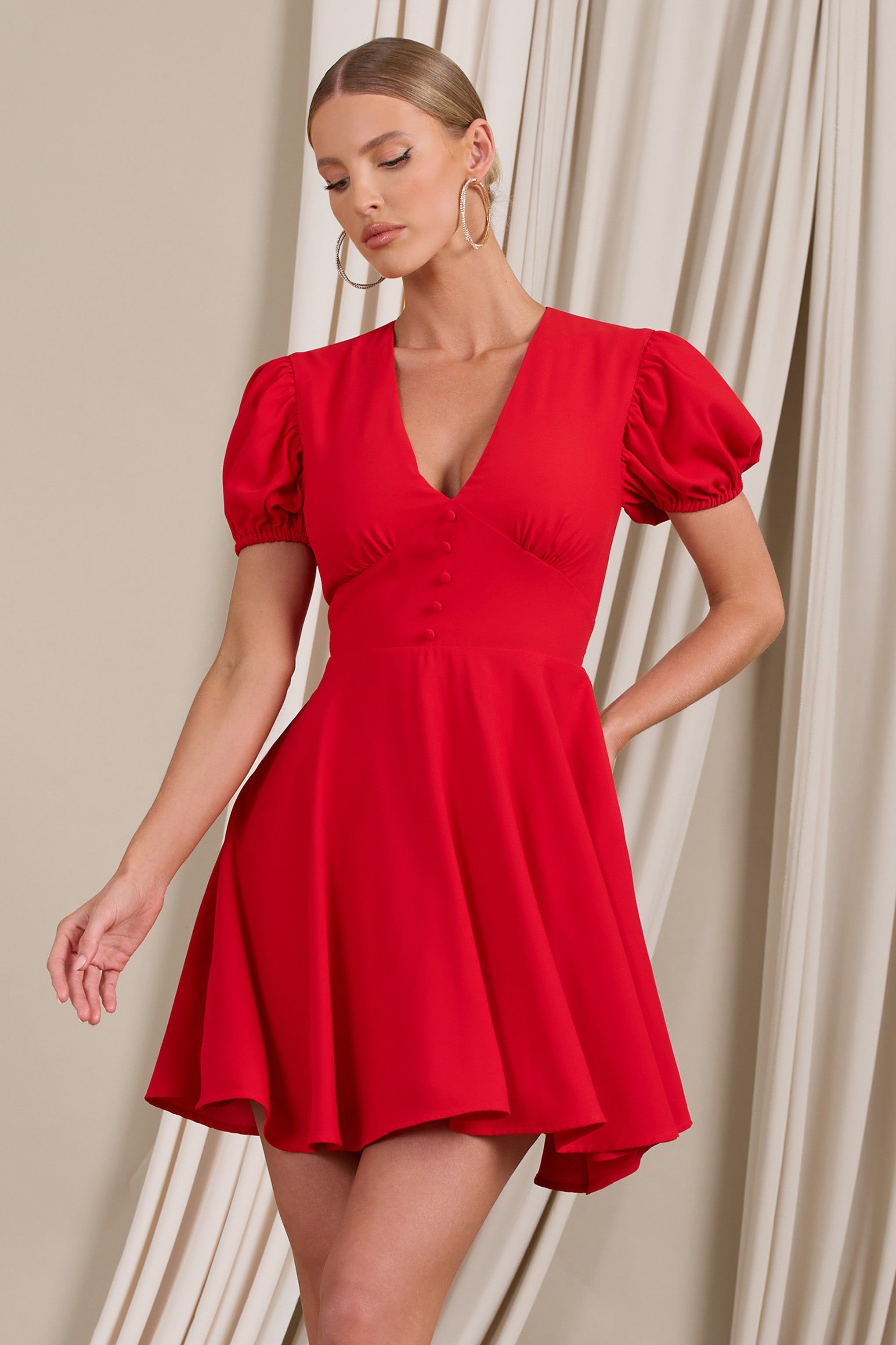 Si Si | Red V-Neck Puff-Sleeved Buttoned Mini Dress sold by Club L London product image thumbnail 5