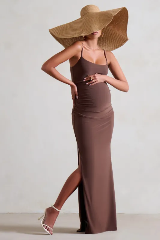 Aurelia | Brown Maternity Cami Maxi Dress With Split sold by Club L London