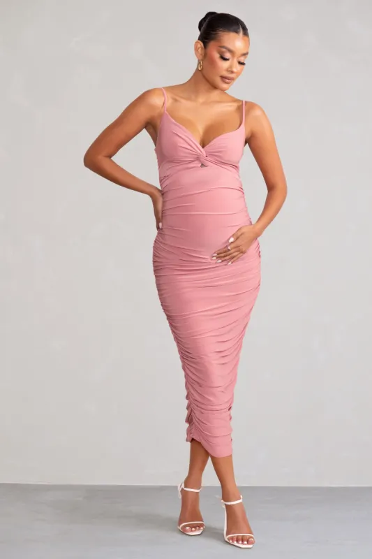 Desired | Blush Maternity Cami Midi Dress with Twist Plunge sold by Club L London