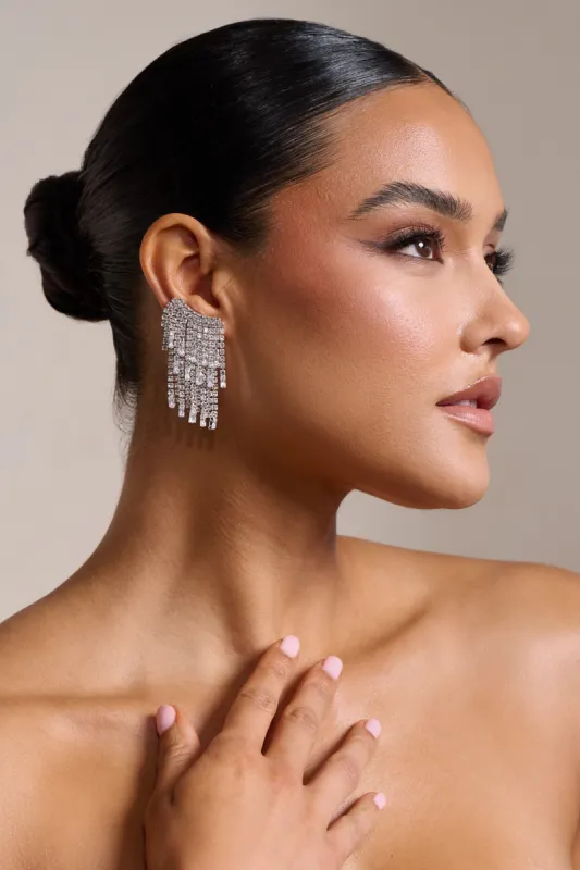 Leo | Silver Diamante Statamenet Tassel Earrings sold by Club L London