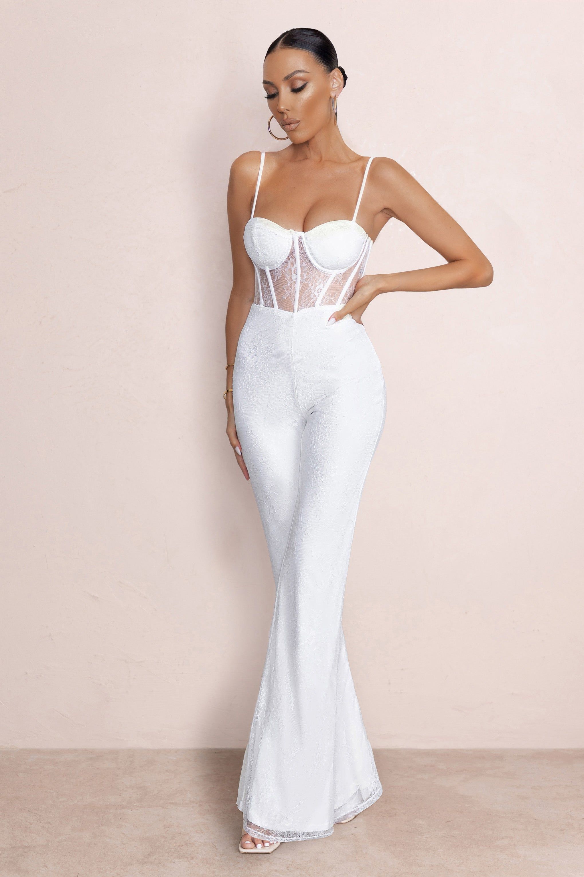 First Look | Ivory Lace Corset Bodice Flared Leg Jumpsuit sold by Club L London product image thumbnail 4