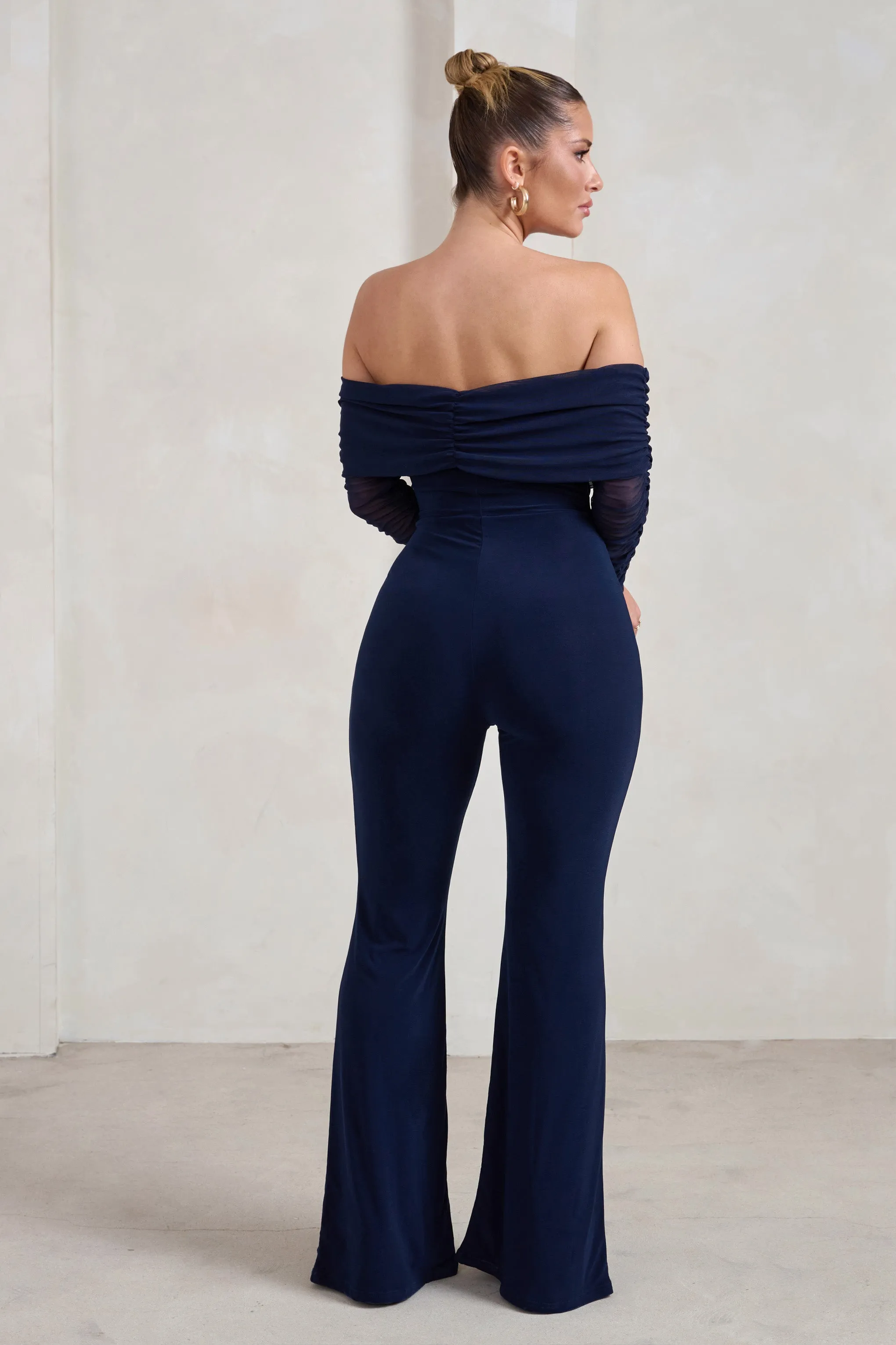 Whisper | Navy Ruched Mesh Bardot Jumpsuit sold by Club L London product image thumbnail 2