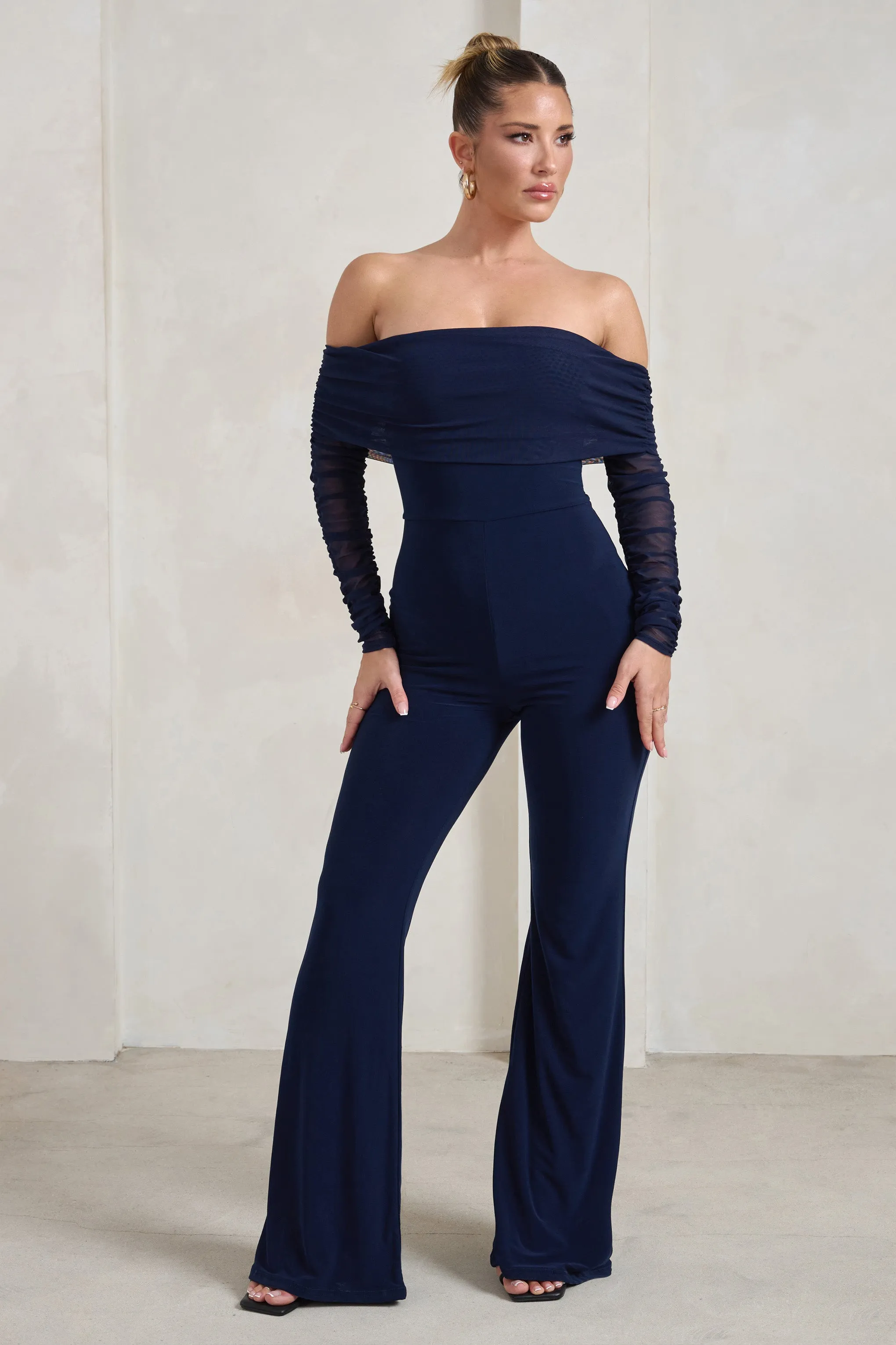 Whisper | Navy Ruched Mesh Bardot Jumpsuit sold by Club L London
