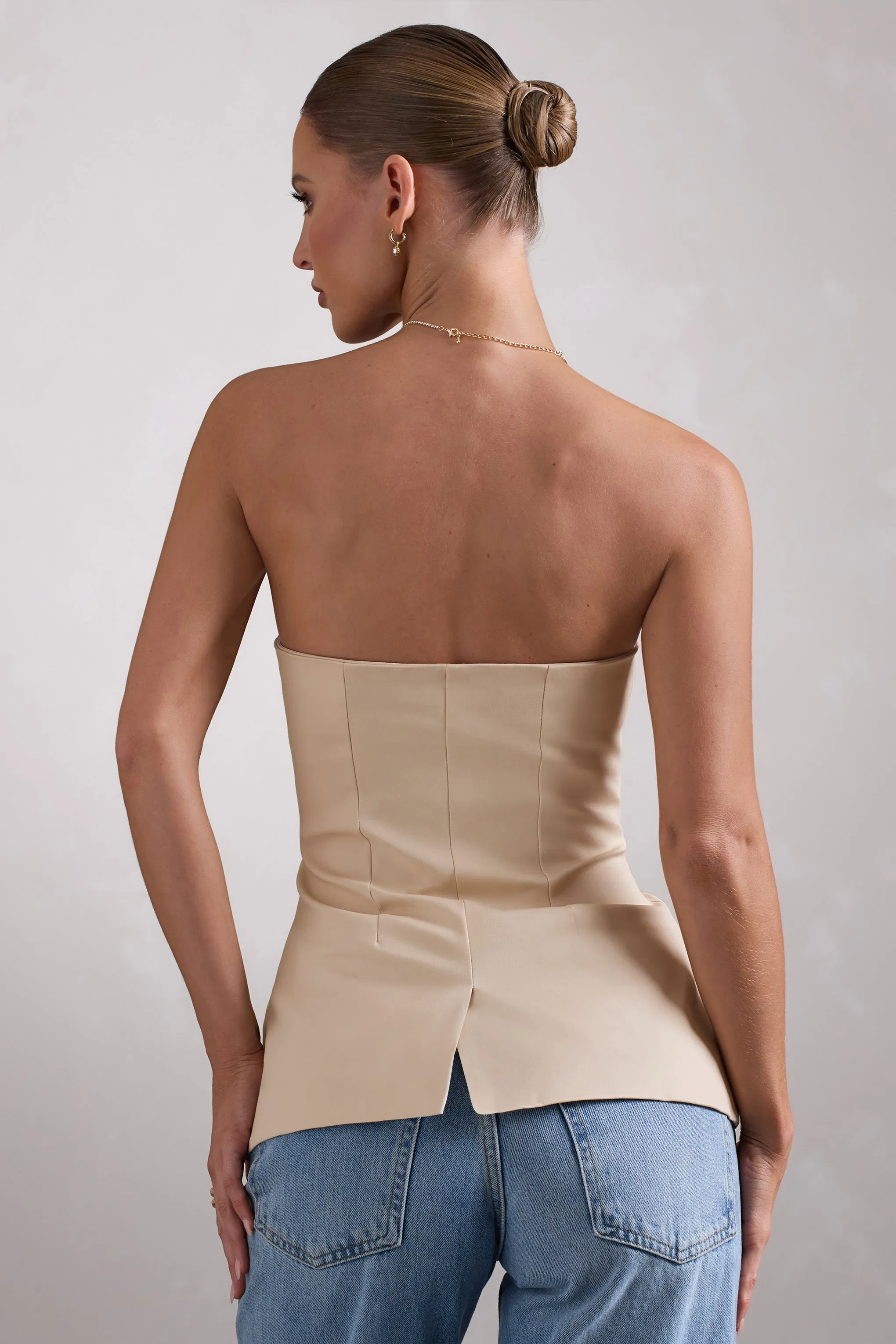 Elliana | Stone Strapless Button Front Tailored Top sold by Club L London product image thumbnail 2