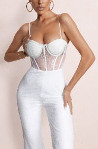 First Look | Ivory Lace Corset Bodice Flared Leg Jumpsuit sold by Club L London