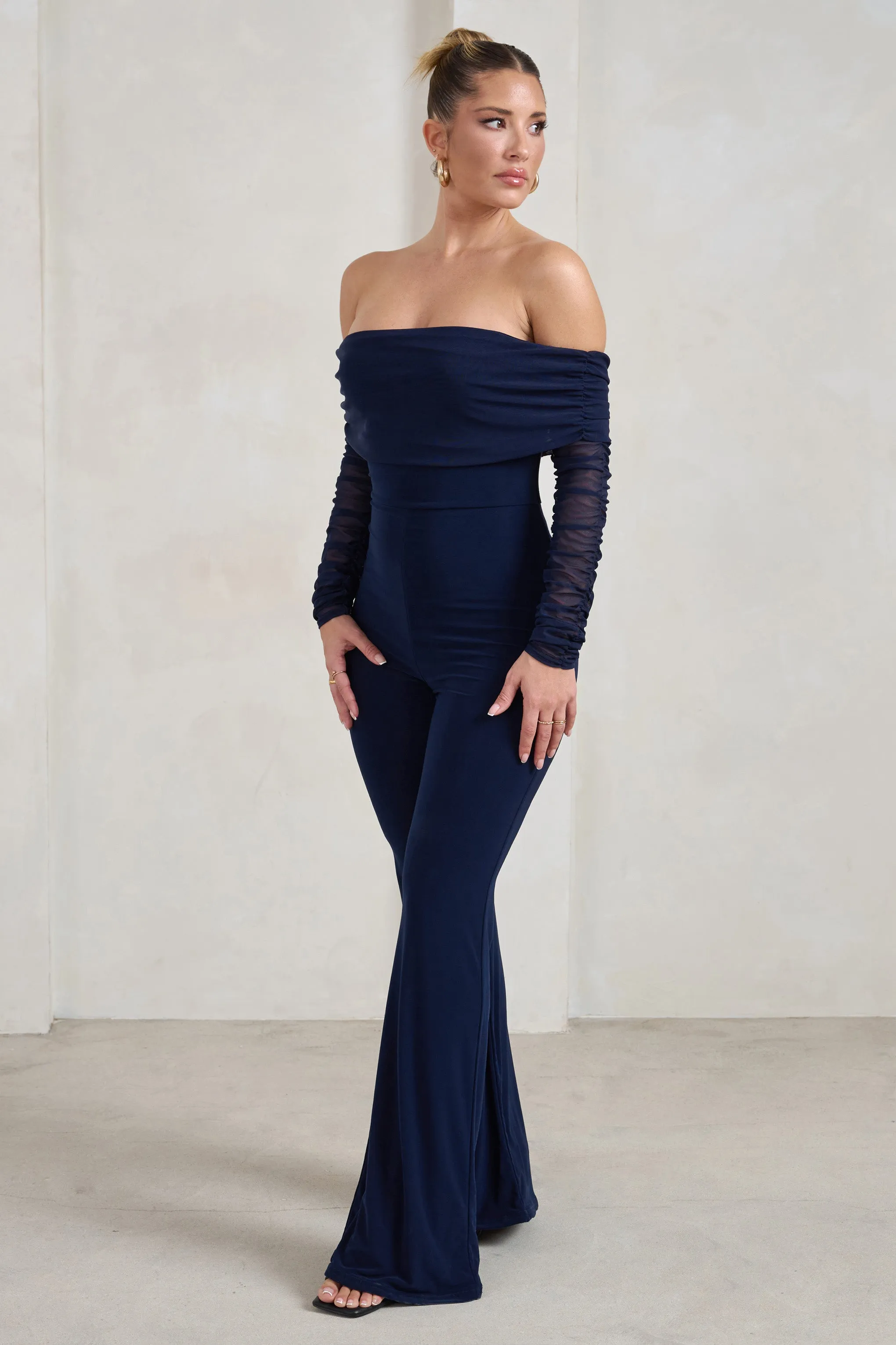 Whisper | Navy Ruched Mesh Bardot Jumpsuit sold by Club L London product image thumbnail 4