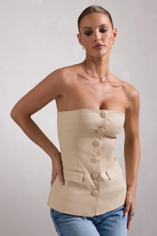 Elliana | Stone Strapless Button Front Tailored Top sold by Club L London