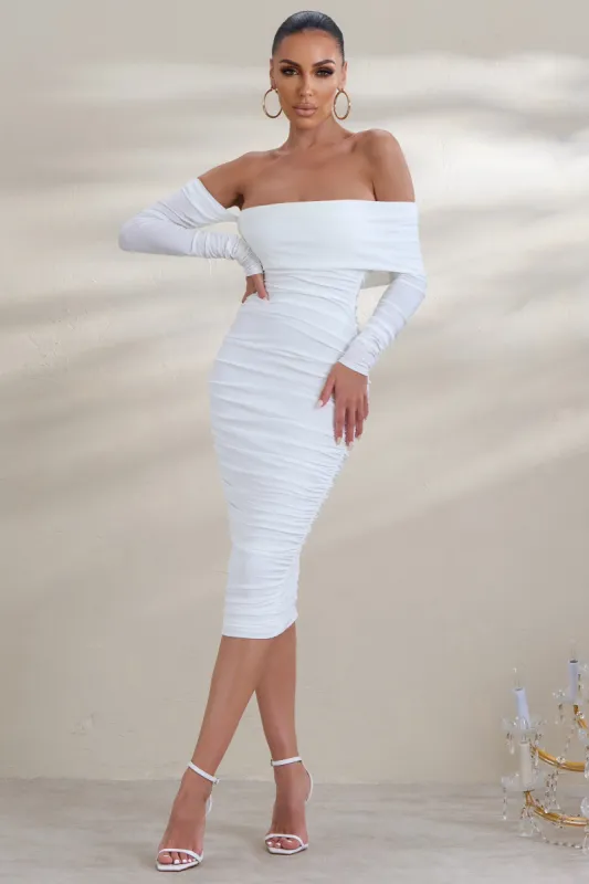Riga | White Bardot Ruched Midi Dress With Long Sleeves sold by Club L London