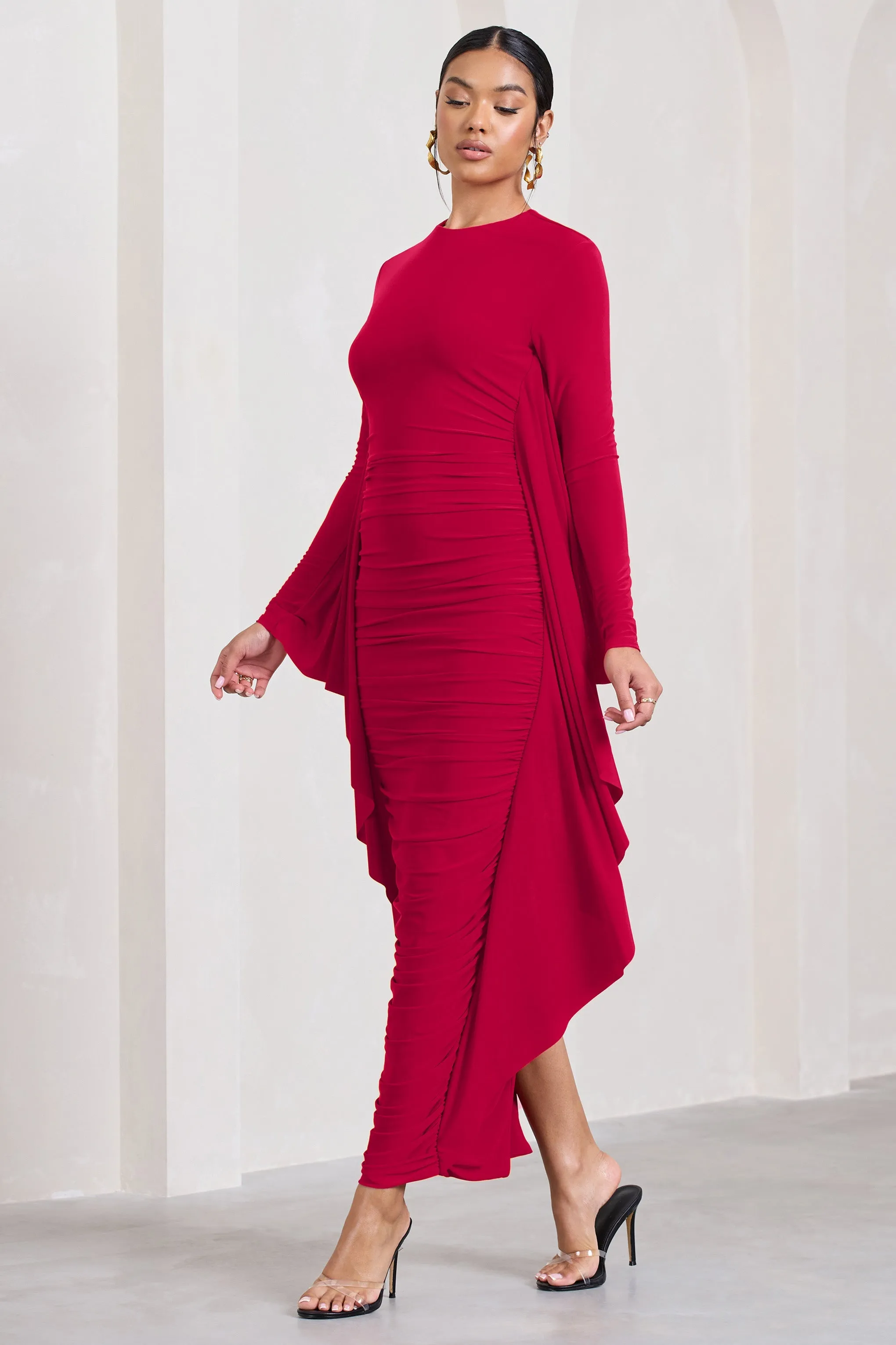 Keva | Red Long Sleeve Ruched Maxi Dress with Cape Detailing sold by Club L London product image thumbnail 5