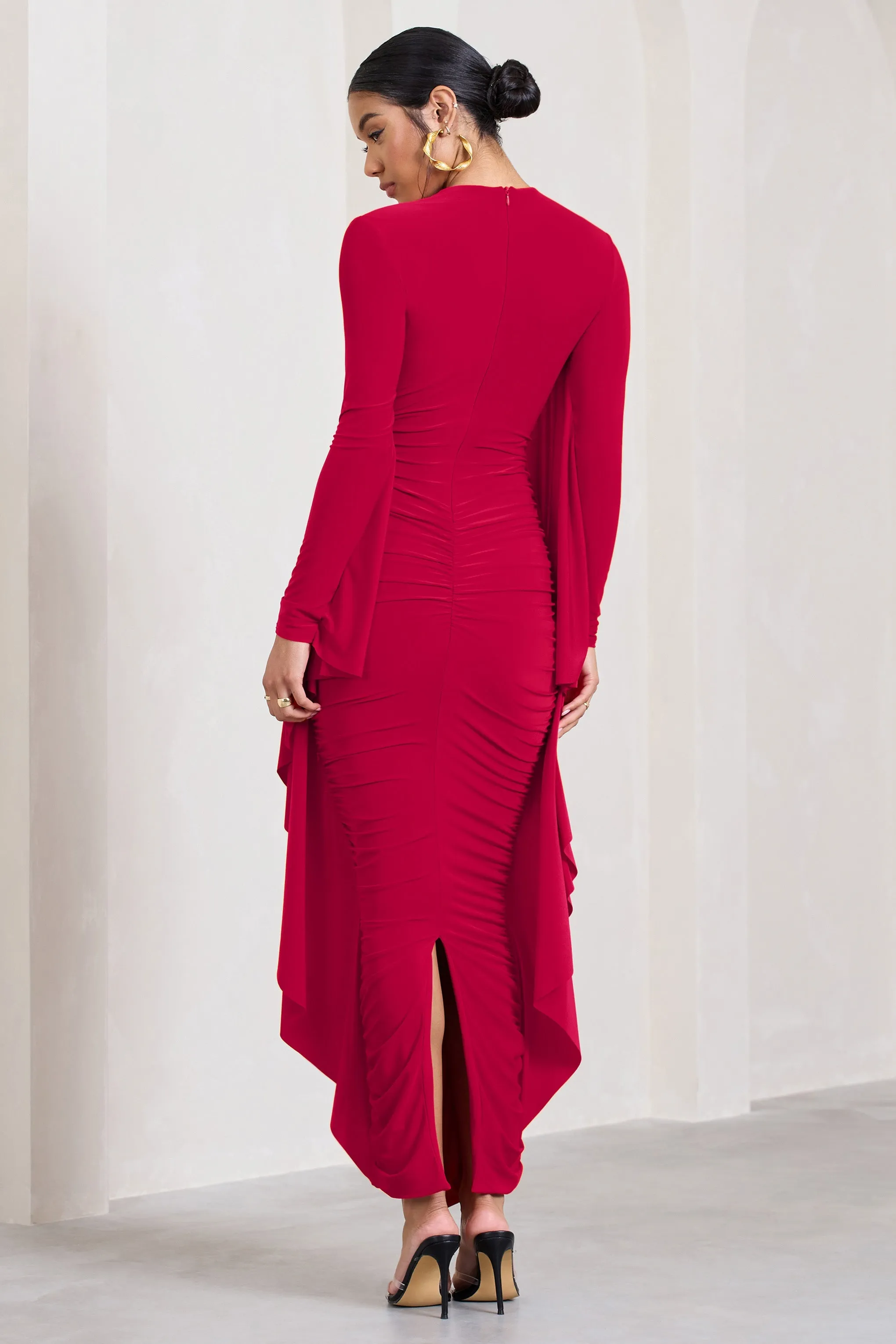 Keva | Red Long Sleeve Ruched Maxi Dress with Cape Detailing sold by Club L London product image thumbnail 2