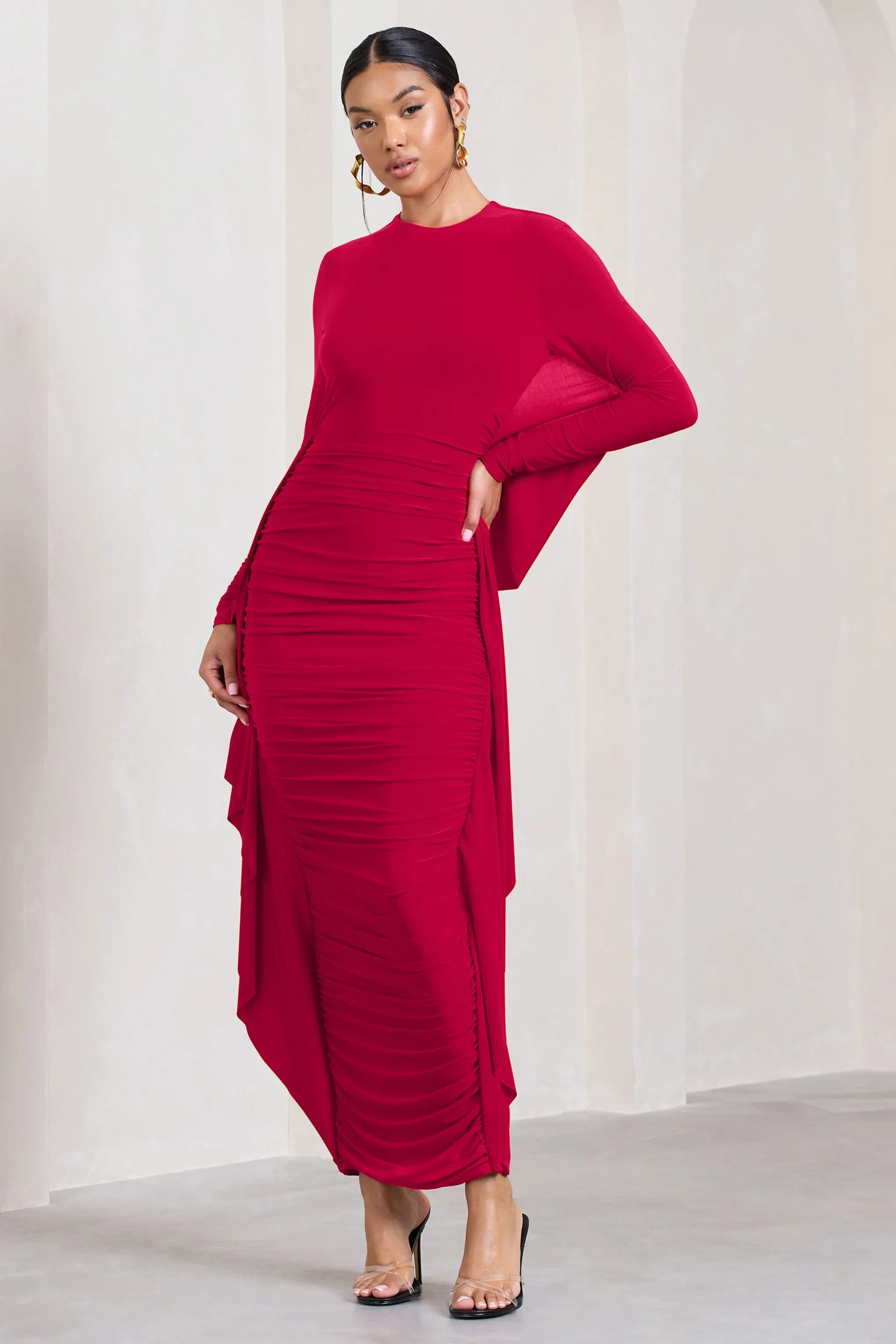 Keva | Red Long Sleeve Ruched Maxi Dress with Cape Detailing sold by Club L London product image thumbnail 3